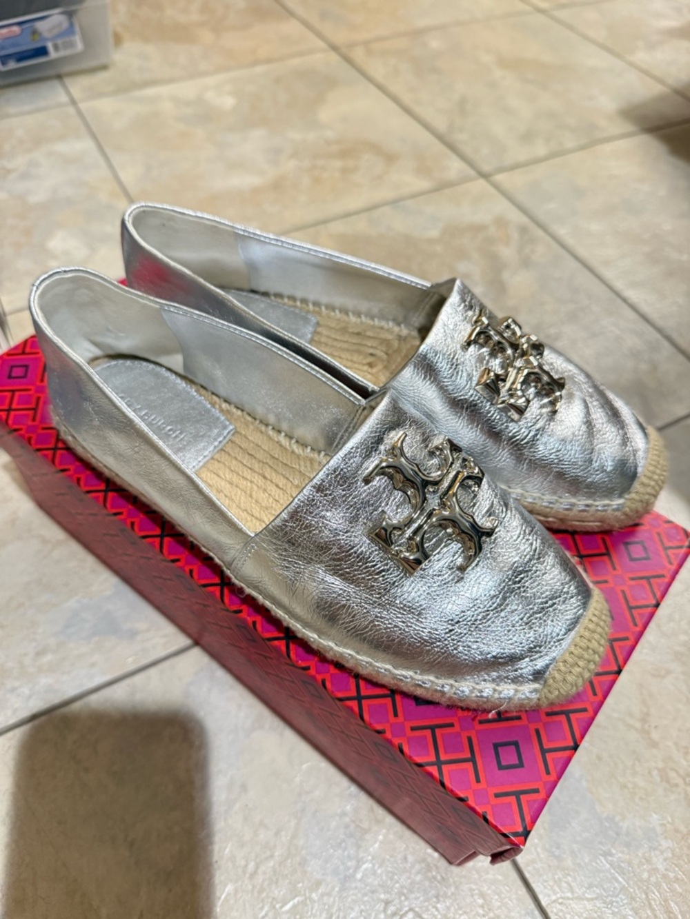Tory Burch Metallic Silver Espadrille Flats with Logo Accent